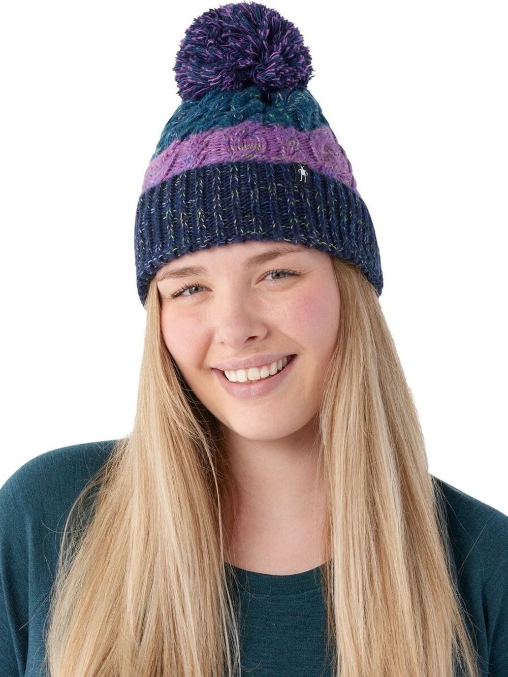 Smartwool Merino Wool Blend Cable Knit Pom Beanie Purple Teal Navy